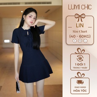 Váy nữ LIN xếp ly ngắn dáng ôm cổ nơ thanh lịch, Đầm tiểu thư tay ngắn Hàn Quốc tôn dáng LUMI CHIC
