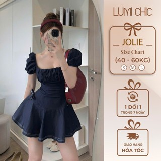 Váy nữ JOLIE chất bò cổ vuông tiểu thư dễ thương, Đầm nữ cá tính dáng xòe tay bồng LUMI CHIC