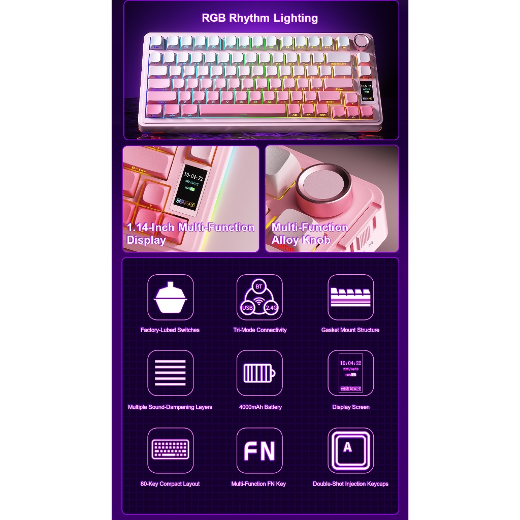 Bàn Phím Cơ Không Dây Aula S75 Pro - Có Màn Led Tùy Chỉnh - Led RGB Xuôi - 3 Mode Kết Nối Tiện Lợi | BigBuy360 - bigbuy360.vn