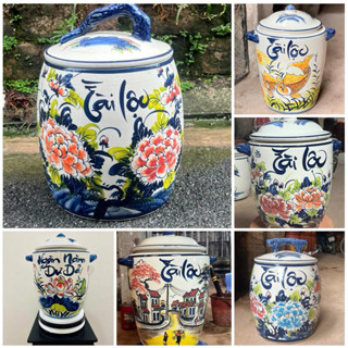  Chum đựng gạo bằng sứ hũ gạo tài lộc chum đựng gạo phong thuỷ gốm sứ Bát Tràng-Hũ gạo vẽ tay gốm Bát Tràng cao cấp 