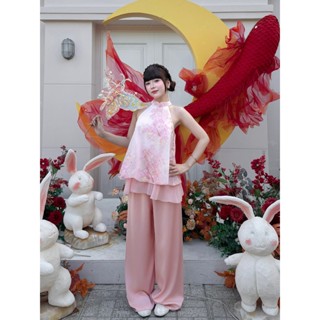 Set áo gấm cổ yếm hai lớp kèm quần lụa lưng chun Ảnh thật/Sẵn