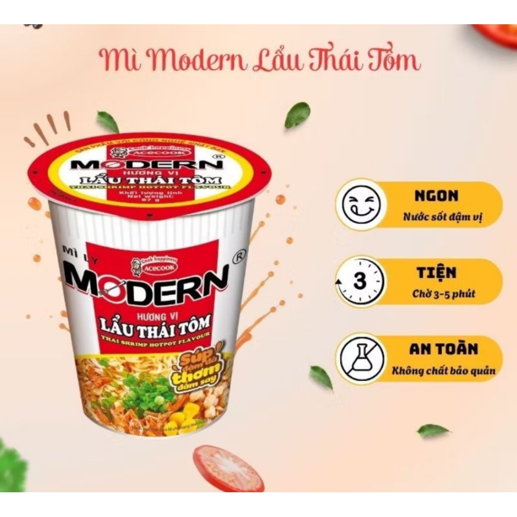 Combo 5 Mì ly Morden lẩu thái tôm ly 67g tiện lợi