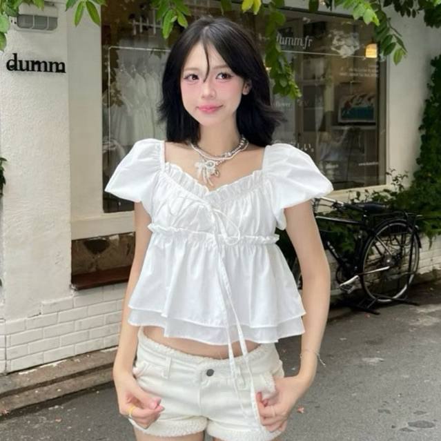 ÁO KIỂU BABYDOLL TRẮNG BÈO HAI LỚP THẮT NƠ XINH XẮN BL84