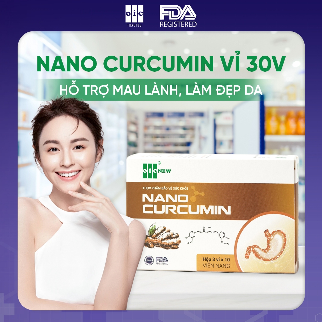 OIC NEW Nano Curcumin tinh chất Nghệ Làm Đẹp da, Mau lành vết thương, Vỉ 30 viên