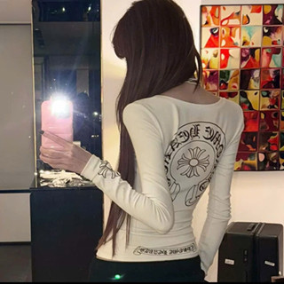  Áo Thun Dài Tay Nữ Ôm Body Y2K Áo Thun In Hình Hoa Cúc Cá Tính Áo Phông Cổ Tròn Co Giãn Thắt Eo 