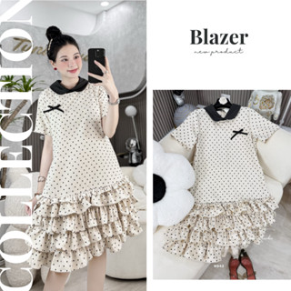 Váy bầu babydoll thiết kế mùa hè , váy bầu dự tiệc chấm bi 2 màu cổ bẻ mix nơ đuôi tầng siêu xinh new hot đầm bầu Elly