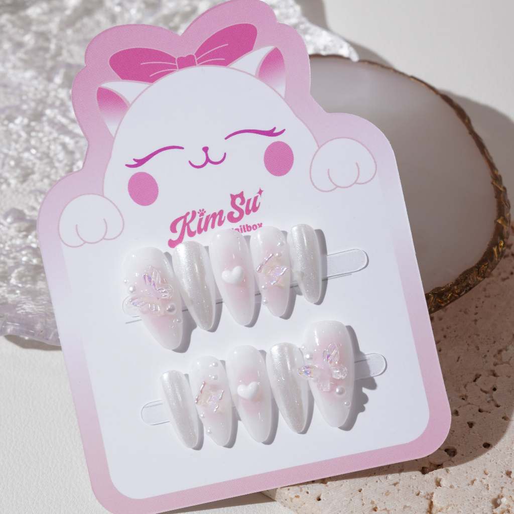 [M230] - Kimsu Nailbox tráng gương mix trắng gạo đính hồ điệp