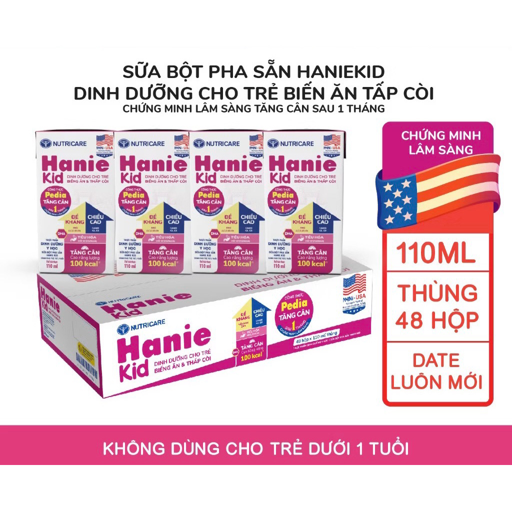 Thùng 48 hộp sữa bột pha sẵn Nutricare Hanie Kid cho trẻ biếng ăn suy dinh dưỡng (110ml)