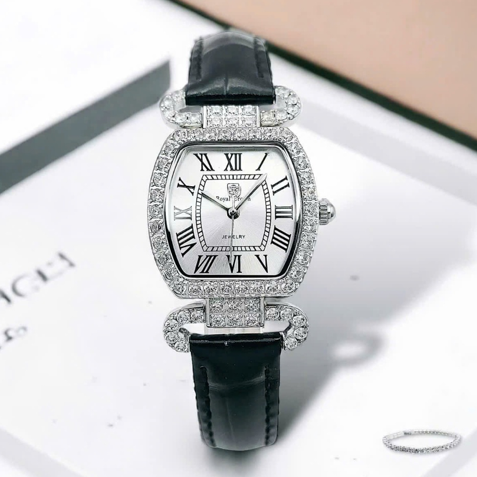 Đồng Hồ Nữ Royal Crown Dây Da Đen Mặt Oval Trắng Viền Đính Đá Silver Size 27mm - Royal Crown 4670