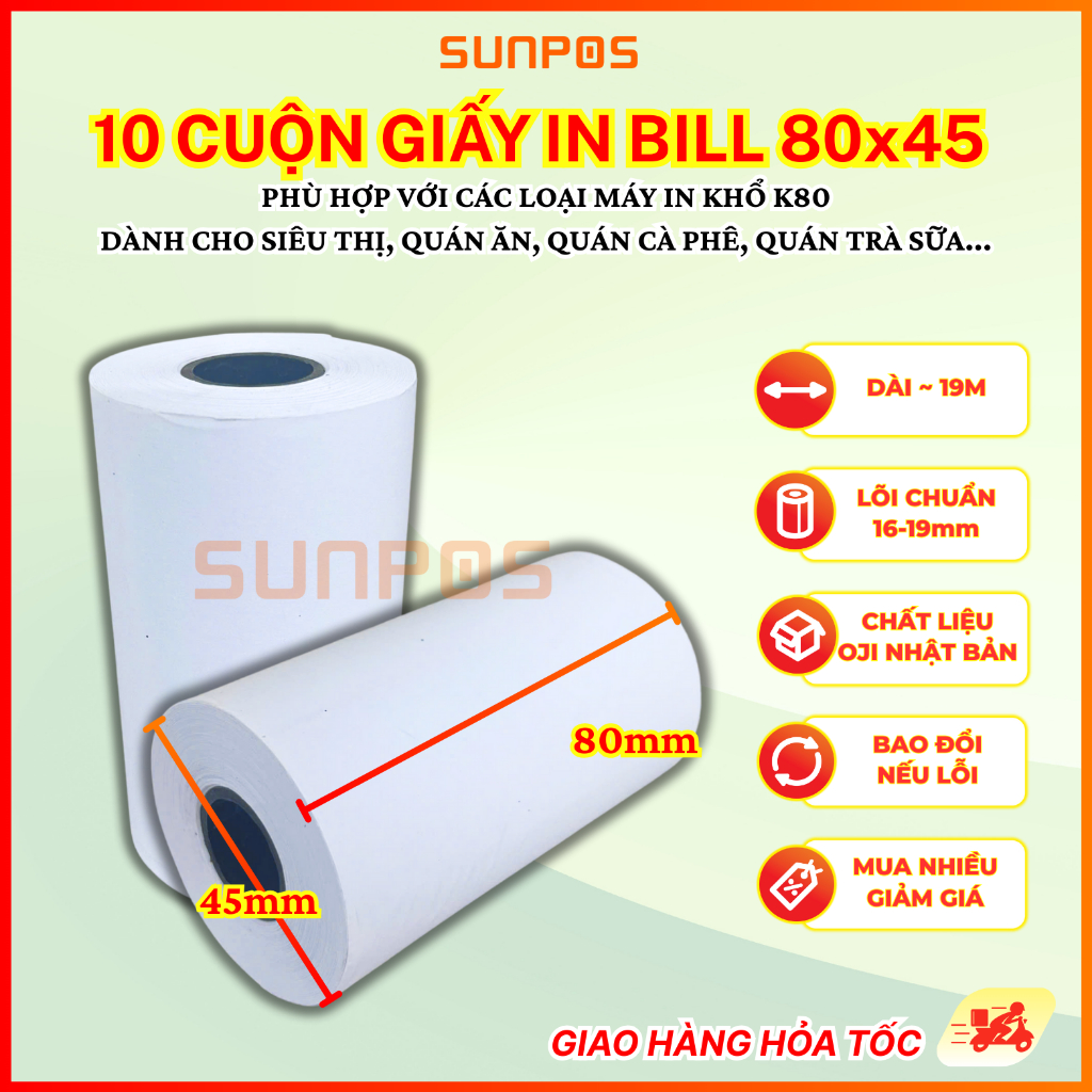 [10 CUỘN] Giấy in bill nhiệt K80 80X45 (GIẤY IN NHIỆT CHO MÁY IN BILL, MÁY POS)