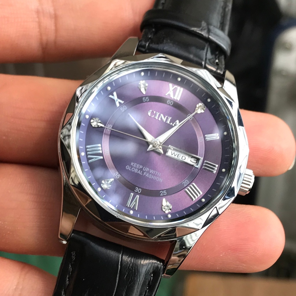 Đồng Hồ Cinla Dây Da Thiết Kế Mặt Tím Xanh Thời Thượng Cá Tính Mang Phong Cách Versati 760