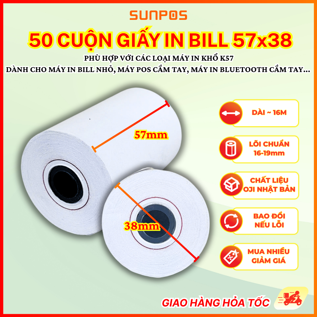 [50 CUỘN] Giấy in bill nhiệt K57 (57x38) Lõi siêu nhỏ cho máy pos cầm tay, máy in bill khổ giấy k57