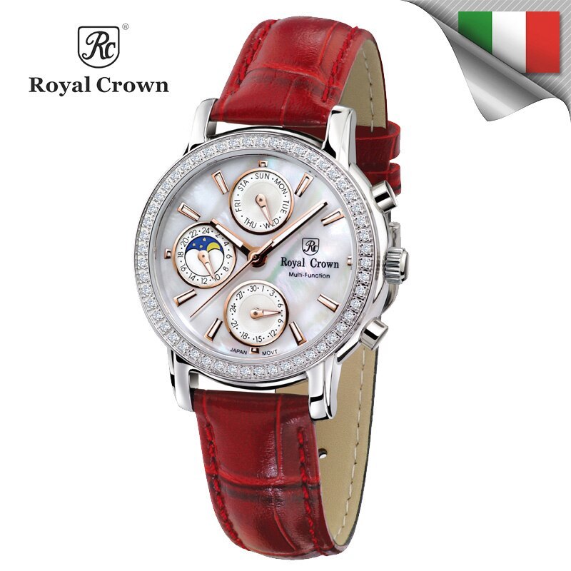 [Bán chạy] Đồng Hồ Nữ Royal Crown Dây Da Đỏ 6 Kim Viền Đá Vỏ Silver Size 34mm - Royal Crown 6420