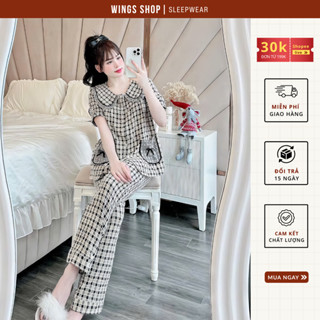 Bộ đồ ngủ nữ quần dài áo cộc kẻ túi nơ cổ bèo vải đũi mát mẻ dễ mặc - wings shop