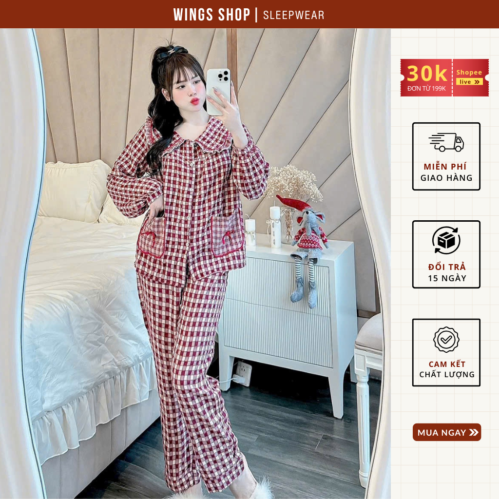  Bộ đồ ngủ nữ đồ bộ mặc nhà kẻ túi nơ cổ bèo vải đũi mát mẻ dễ mặc - wings shop 