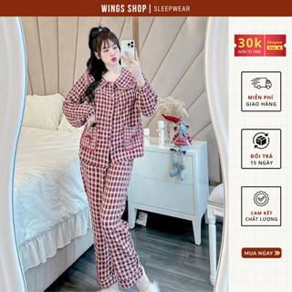 Bộ đồ ngủ nữ, đồ bộ mặc nhà kẻ túi nơ cổ bèo vải đũi mát mẻ dễ mặc - wings shop