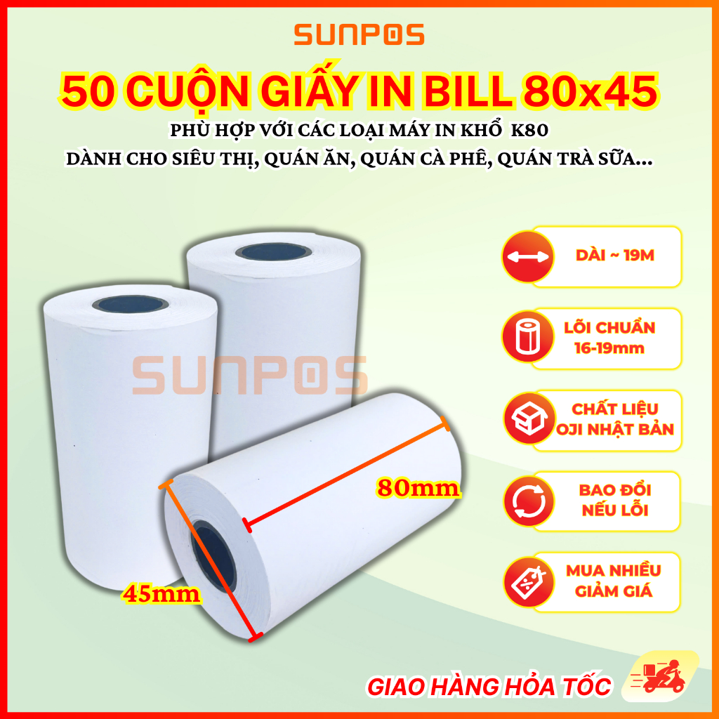[50 CUỘN] Giấy in bill nhiệt K80 80X45 (GIẤY IN NHIỆT CHO MÁY IN BILL, MÁY POS)