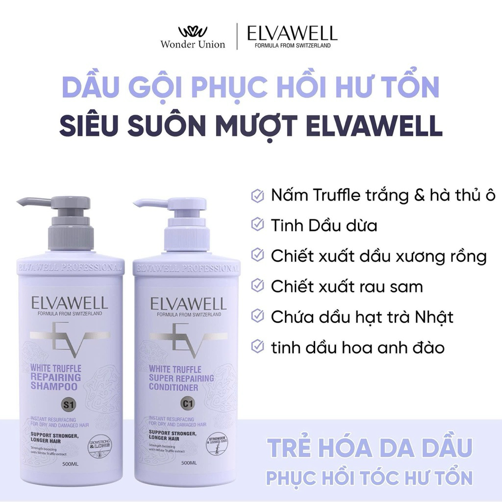 [CHÍNH HÃNG ELVAWELL] Dầu gội Elvawell tím nấm Truffle phục hồi hư tổn, giảm rụng, suôn mượt, thơm l