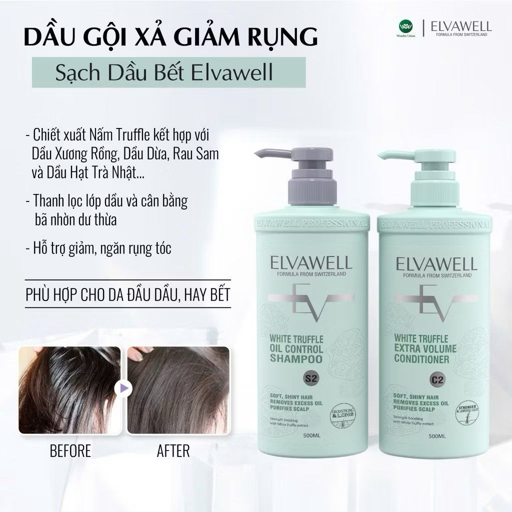 [CHÍNH HÃNG ELVAWELL] Dầu Gội Xả Xanh Elvawell Truffle Phục Hồi Tóc Hư Tổn, Sạch Dầu Bết, Hương Thơm