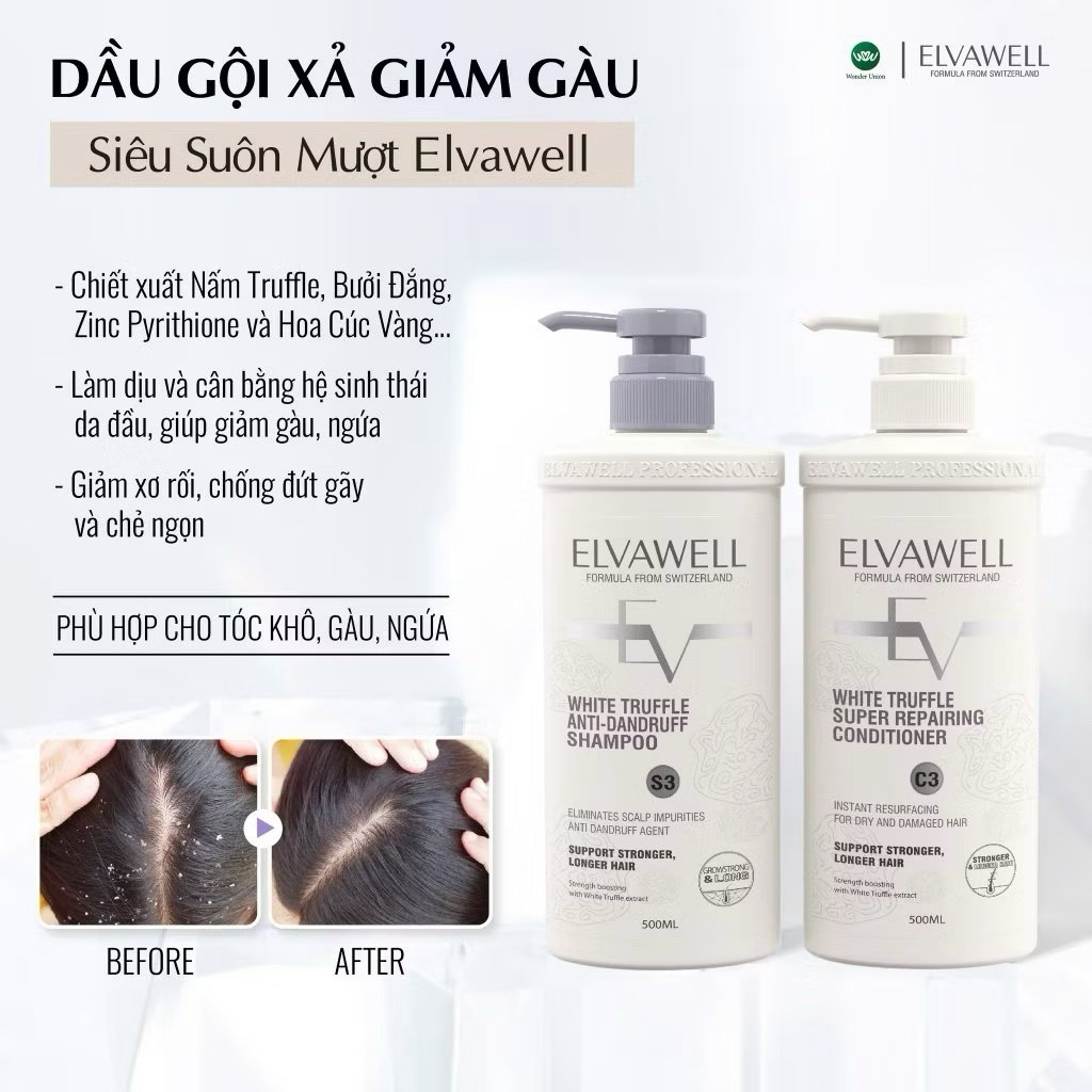 [CHÍNH HÃNG ELVAWELL] Dầu Gội Xả Elvawell White Truffle Phục Hồi Tóc Hư Tổn, Sạch Gàu, Hương Thơm Nư