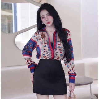  Áo Sơ Mi Nữ Tay Dài Lụa Latin Hoạ Tiết Vàng Đối Xứng Phong Cách Nổi Bật Form Dài Giấu Quần Size To đến 75kg 