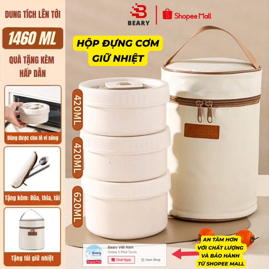 Hộp Đựng Cơm Túi Đựng Cơm Trưa Giữ Nhiệt Văn Phòng Cách Nhiệt, Combo 3 Ngăn Đựng Thức Ăn 2 Lớp Bằng Thép Không Gỉ 304