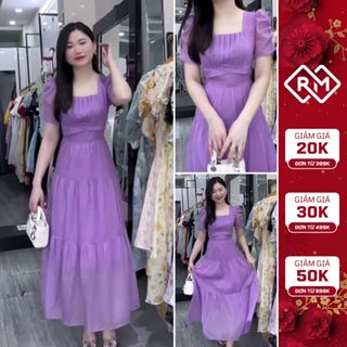 Váy Maxi Dáng Dài, Váy Tím Maxi Biển, Váy Maxi Cổ Vuông Tay Bồng Xếp Ly Nhẹ Nhàng Sang Trọng - V82