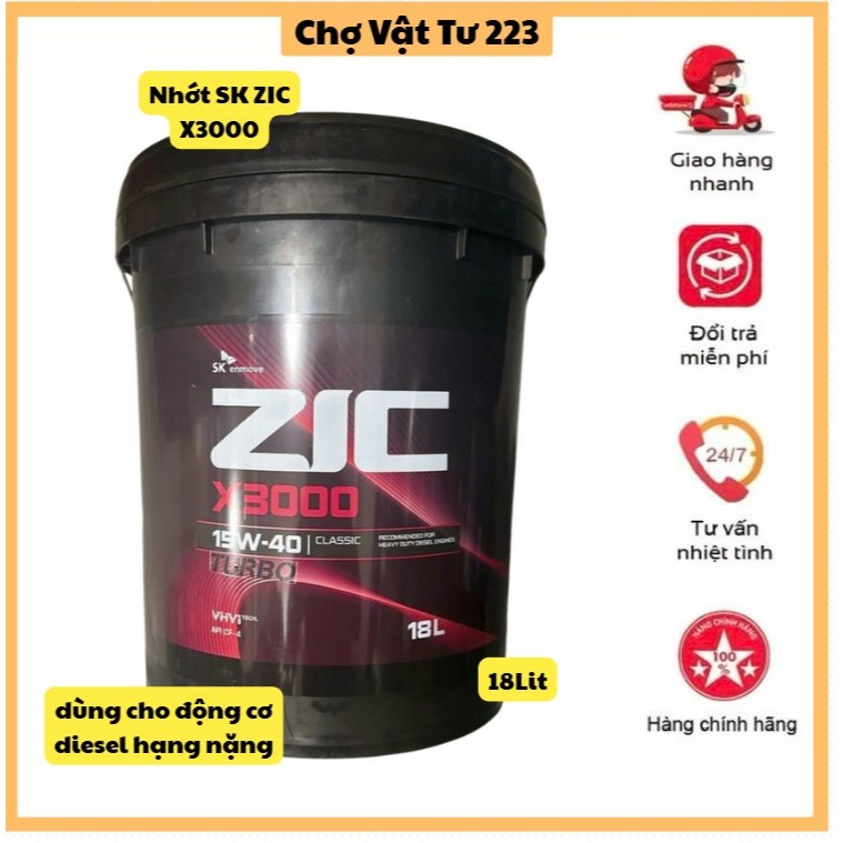 🎁nhớt động cơ diesel hạng nặng SK ZIC X3000 15W-40 Classic Turbo, dung tích 18 lít