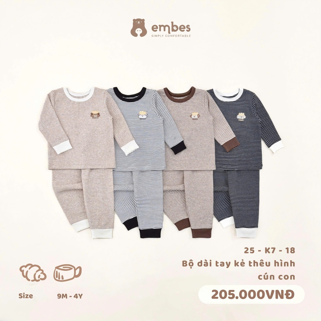  Bộ Thu Đông Cho Bé Embes,Bộ Quần Áo Dài Tay Kẻ Ngang Thêu Cún Chất Cotton Mềm Ấm Áp Cho Bé Từ 8-18Kg 