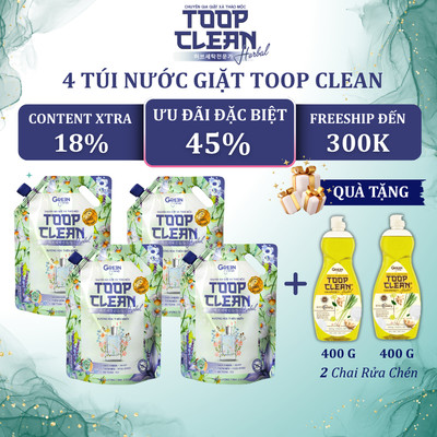 Combo 4 Túi Nước Giặt Thảo Mộc TOOP CLEAN Herbal 2,6 Kg/ Túi - Sạch Vết Bẩn, Lưu Hương 48H