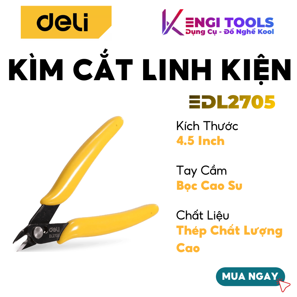 [Hàng Chính Hãng] Kìm Cắt Linh Kiện 4.5" Deli EDL2705 - Tay Cầm Bọc Cao Su Thoải Mái