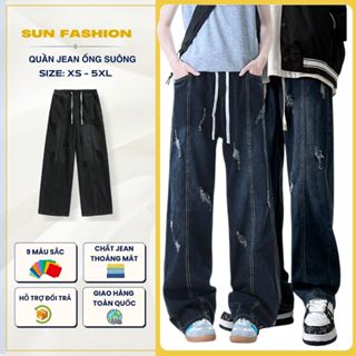 Quần jean nam nữ ống rộng cạp chun bigsize SUN 09 XANH THẪM RÁCH, chất liệu mềm mại, thoải mái