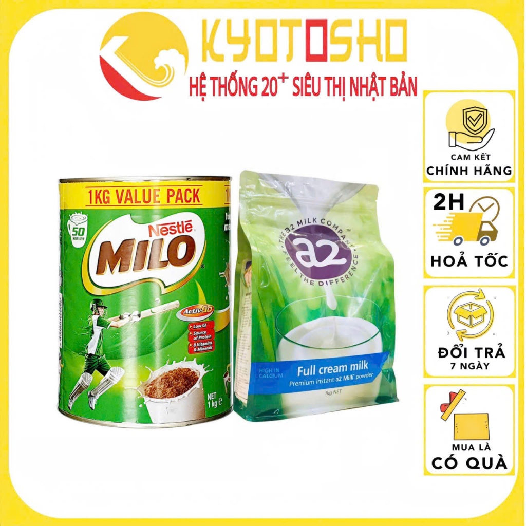 Sữa bột hòa tan A2 Milk Full Cream và milo hàng úc 1kg