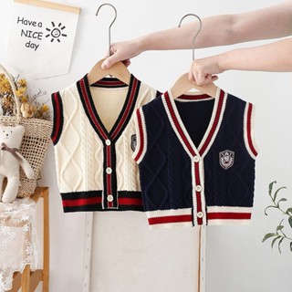 Áo gile len  trai vest QC hàng đẹp cúc cài thẳng cổ tim phối màu cho bé trai (Sz 1Y-5Y)