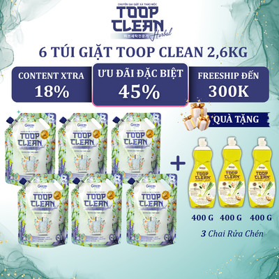 Combo 6 Túi Nước Giặt Thảo Mộc TOOP CLEAN Herbal 2,6 Kg/ Túi - Hương Hoa Thiên Nhiên/ Quyến Rũ
