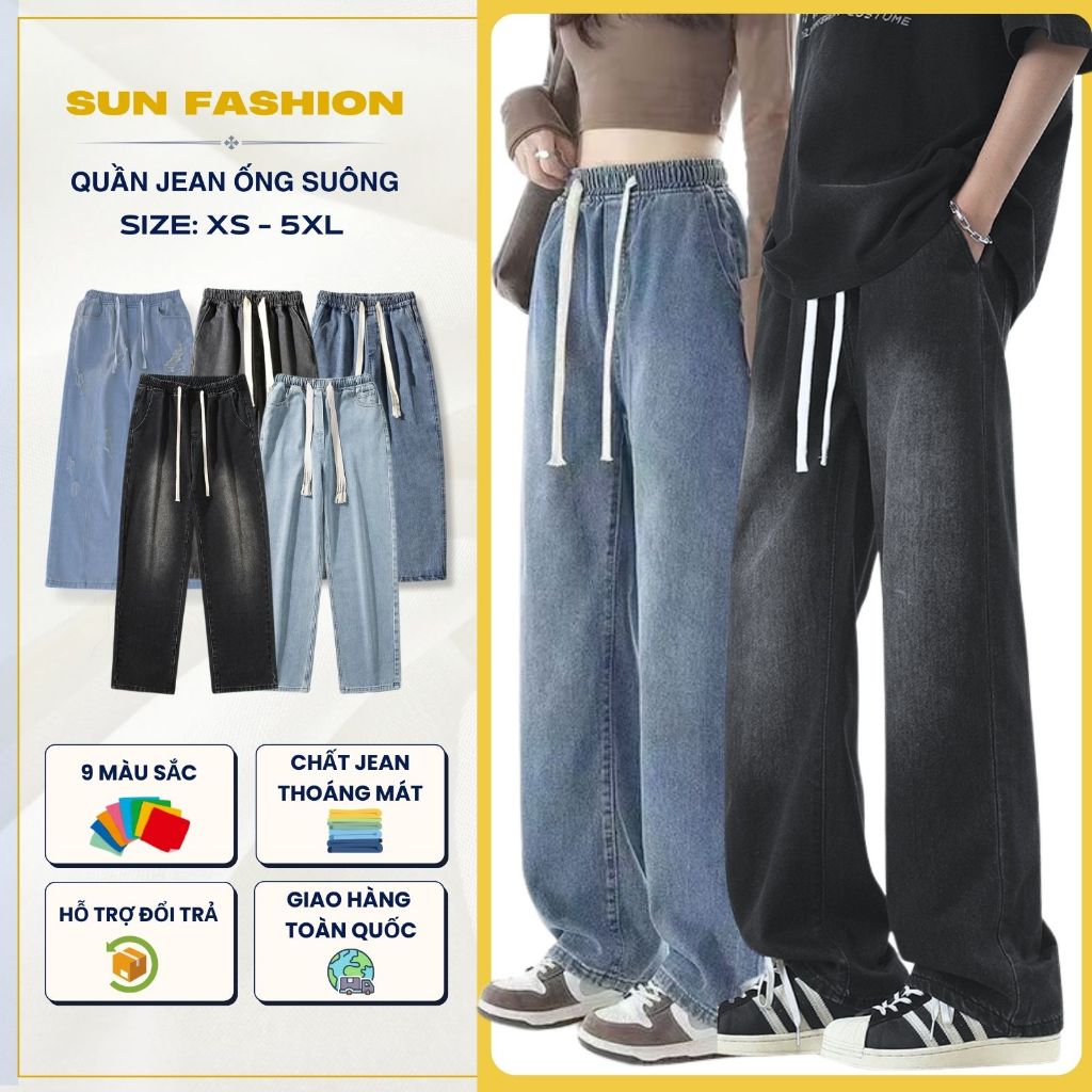 Quần jean nam nữ ống rộng bigsize SUN 09 quần jean cạp chun phong cách hàn quốc unisex