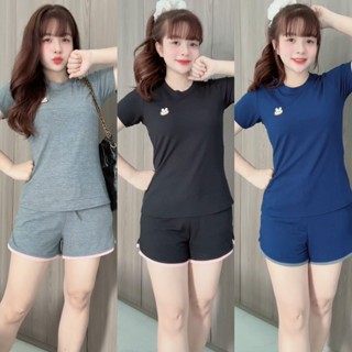  Set Đùi Thun Gân Tăm Cổ Tròn Năng Động Đồ Bộ Đùi Mặc Nhà Màu Xám Đen Xanh Size Không Đặt Kiểu Dáng HT1409 