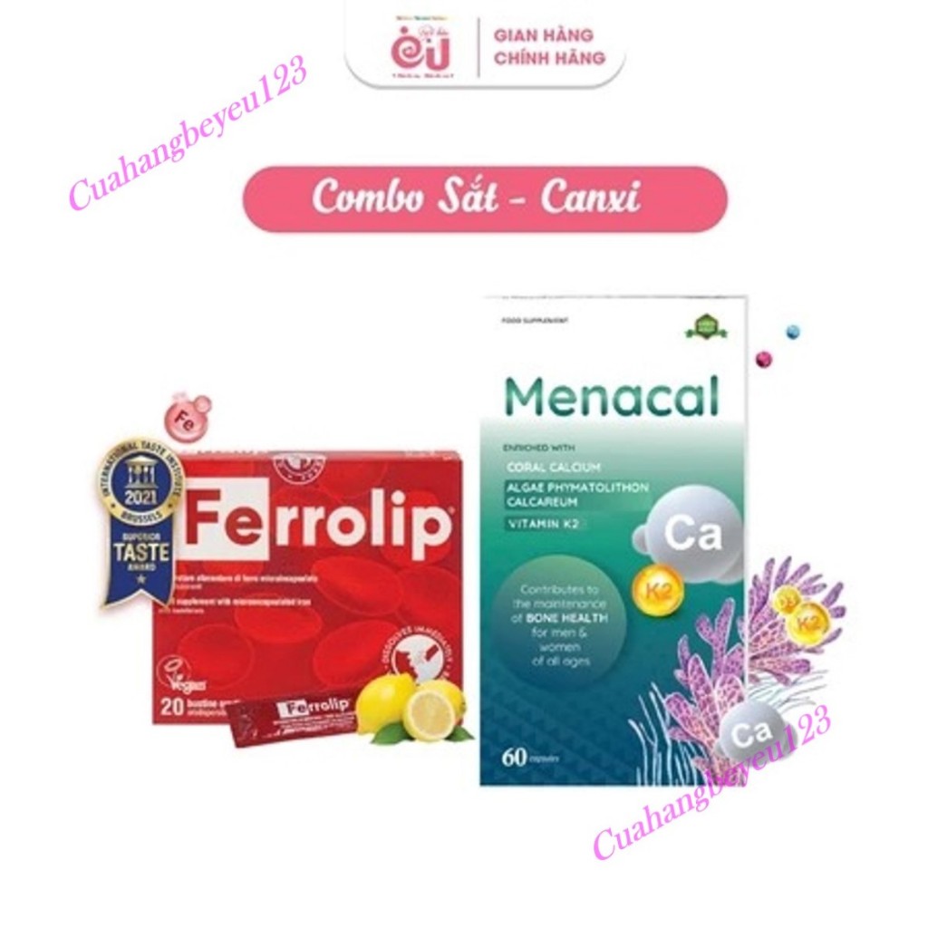 Hộp 20 Gói Sắt Bột Bao Vi Nang Ferrolip & Hộp 60 Viên Uống Menacal HM