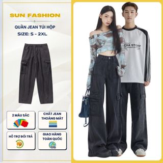 Quần jean túi hộp nam nữ SUN 119 MÀU KHÓI ống rộng chất vải mềm mịn, thoáng mát phong cách hàn quốc