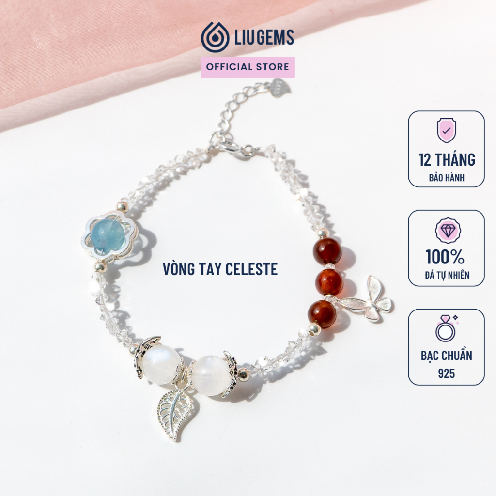 Vòng Tay Nữ Đá Tự Nhiên Herkimer Diamond Và Charm Bạc Thái 925 Tinh Tế Liugems Celeste VTDT07 