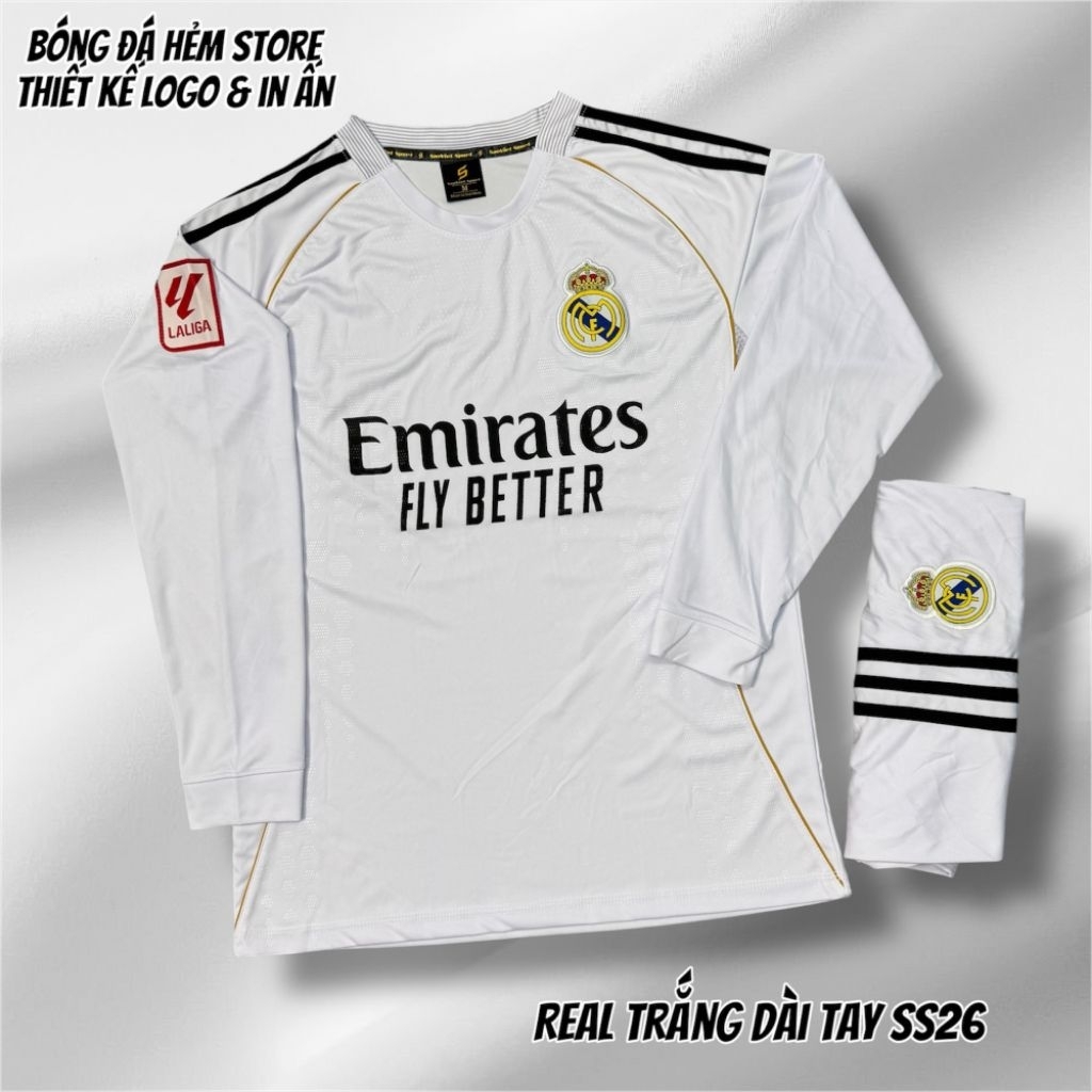 BỘ QUẦN ÁO BÓNG ĐÁ DÀI TAY REAL TRẮNG, ĐỒ ĐÁ BANH REAL TRẮNG DÀI TAY VẢI THUN LẠNH CAO CẤP