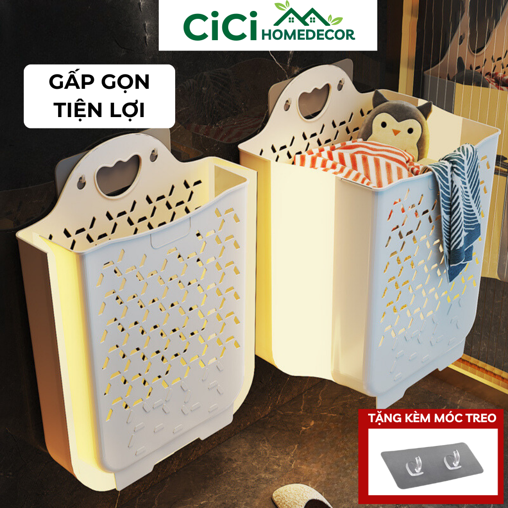 Giỏ đựng quần áo nhà tắm thiết kế tay cầm treo tường có thể gấp gọn chất liệu nhựa dẻo TPR ( Tặng kèm miếng dán)