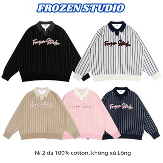  Áo Sweater Có Cổ Nam Nữ Áo Polo Dài Tay Form Boxy Frozen Chất Liệu Nỉ 2 Da Phối Kẻ Sọc Medium 