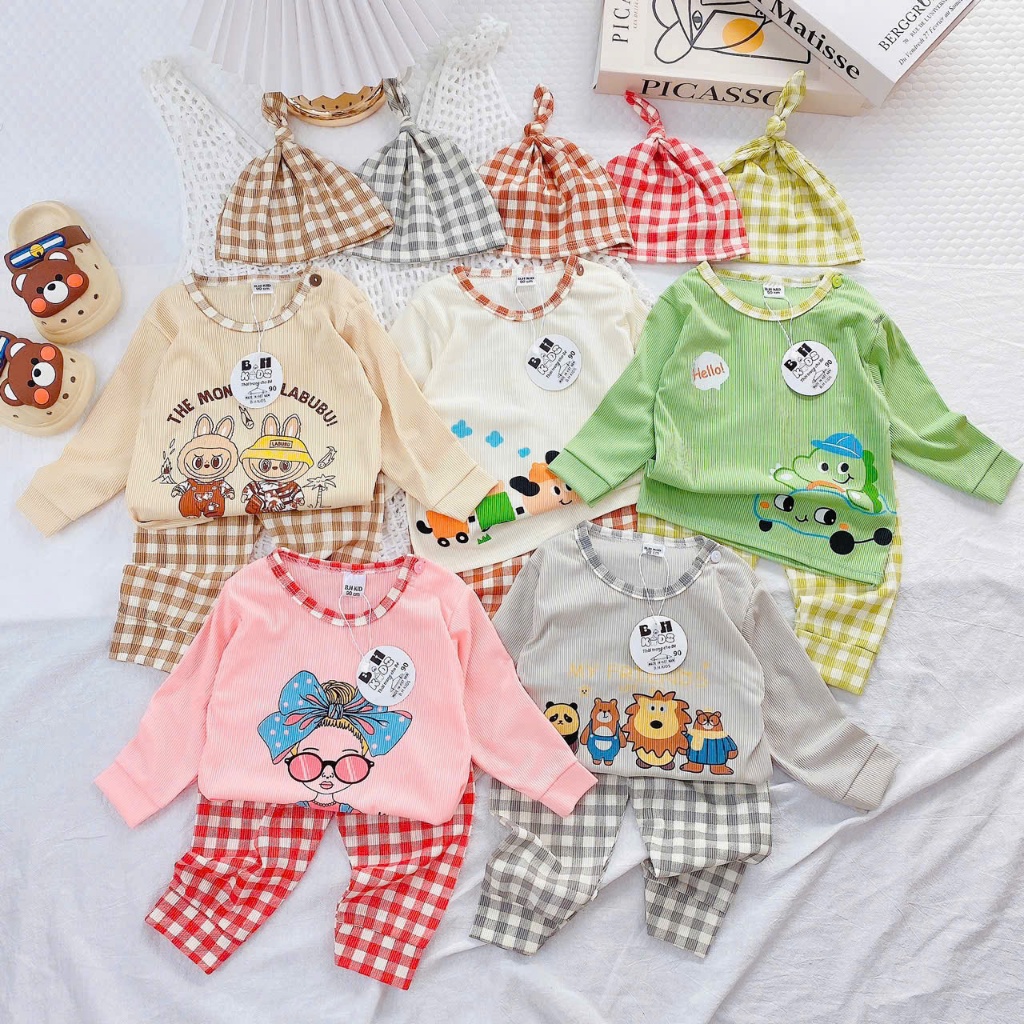 Bộ Quần Áo Dài Tay Tăm Gân Kèm Mũ Siêu Mềm Mịn Cho Bé Hàng B.H Kids