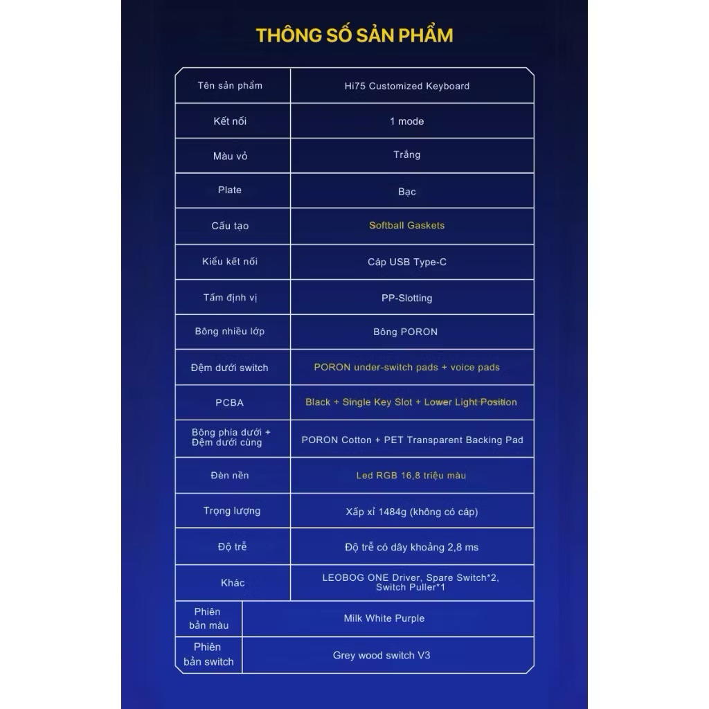 Bàn phím cơ Leobog HI75  /  Nhôm CNC /  1 mode Full foam /  Mạch xuôi / Led RGB | BigBuy360 - bigbuy360.vn