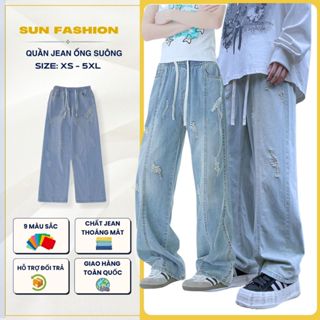 Quần jean nam nữ ống rộng cạp chun bigsize SUN 09 XANH RÁCH, chất liệu mềm mại, thoải mái