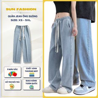 Quần jean ống rộng nam nữ cạp chun bigsize SUN 09 Xanh Nhạt dễ phối đồ theo phong cách hàn quốc