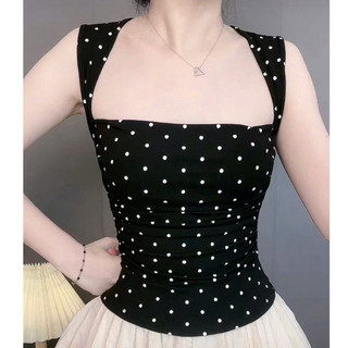  Áo 2 dây cổ vuông họa tiết bi áo hai dây ôm body nhún eo tôn dáng chất bozip lụa co giãn mềm mịn 