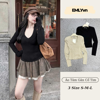  EMLYvn - Áo Tăm Gân Cổ Tim Dài Tay Nữ Áo Nữ Vải Tăm Hàn Dày Dặn Co Dãn 4 Chiều CÓ ĐỆM VAI Tôn Dáng 