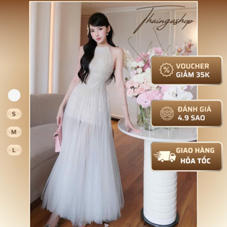 Đầm dự tiệc ren hoa lông cổ yếm dáng dài màu nude phối trắng thiểu thư sang trọng size S M L  D1300